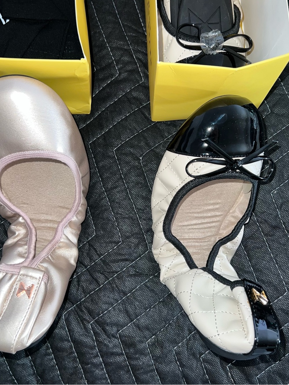 Quilted Cream Ballet Flats with Black Patent Toe and Satin soft pink ballet flat